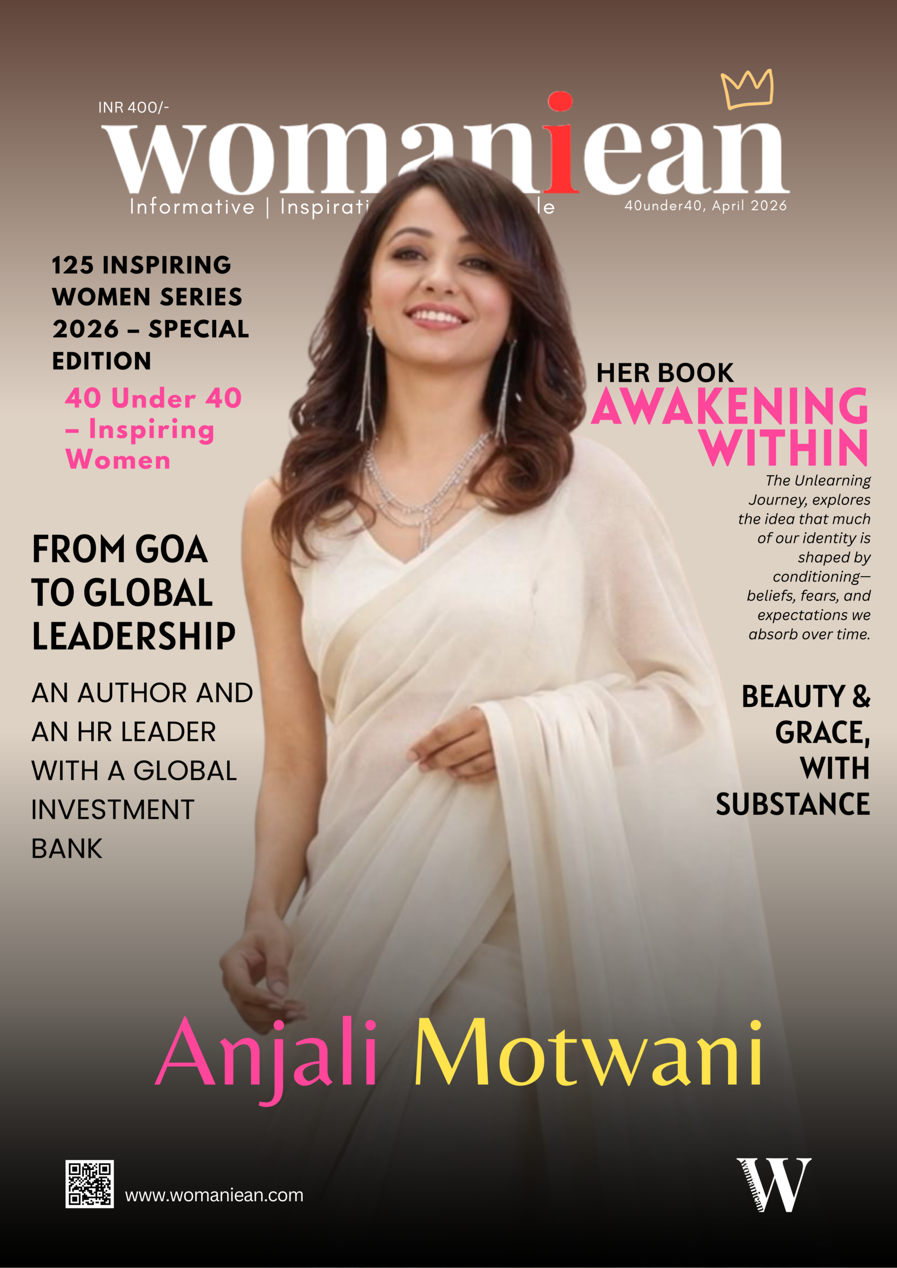 Anjali Motwani featured on the cover of Womaniean Magazine for her inspiring journey in leadership, writing, and self-awareness.